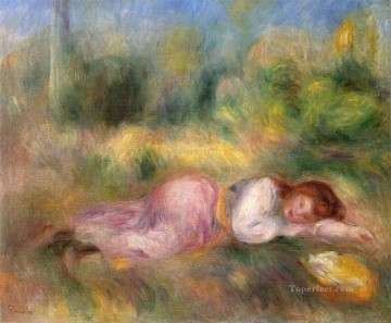 ピエール=オーギュスト・ルノワール Painting - 草の上に伸びをする少女 ピエール・オーギュスト・ルノワール